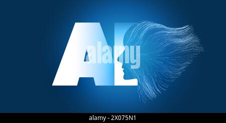 Blue Machine Learning, Artificial Intelligence and Neural Networking Design Concept with Human or Robot Head Silhouette in a Big AI Label, Wavy Lines Stock Vector