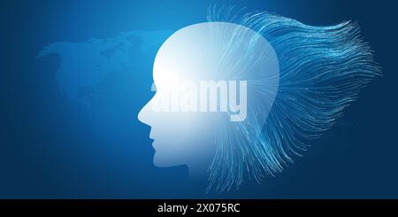 Futuristic Artificial Technology Concept with Flow of Glowing Neural Connections Into a White Colored Human Face Profile, Dynamic 3D  Smart Tech Desig Stock Vector
