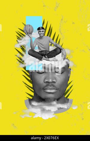 Vertical photo collage of calm dreamy american guy inside head other man hold basketball ball memory disease isolated on painted background Stock Photo