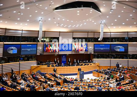 Brussels, Belgium. 10th Apr, 2024. King Philippe - Filip of Belgium delivers a speech at a plenary session of the European Parliament in Brussels, Wednesday 10 April 2024. The Belgian King will be addressing the Parliament on the occasion of the Belgian Presidency of the Council of the European Union. BELGA PHOTO LAURIE DIEFFEMBACQ Credit: Belga News Agency/Alamy Live News Stock Photo