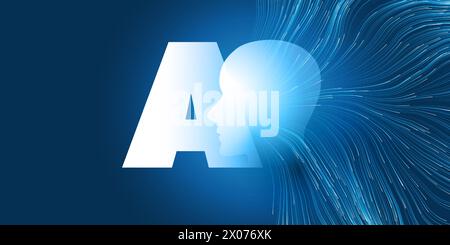 Blue Machine Learning, Artificial Intelligence and Neural Networking Design Concept with Human or Robot Head Silhouette As a Big AI Label, Wavy Lines Stock Vector