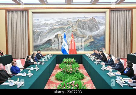 Beijing, China. 10th Apr, 2024. Chinese Vice President Han Zheng meets with a delegation of senior officials from the New Ideas Party of El Salvador, led by the leader of the party and Vice President-elect Felix Ulloa, in Beijing, capital of China, April 10, 2024. Credit: Yue Yuewei/Xinhua/Alamy Live News Stock Photo