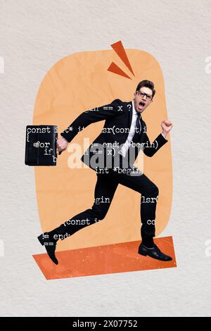 Vertical composite photo collage of smart programmer hurry running to work solving bug in algorithm isolated on creative background Stock Photo