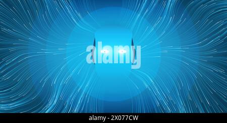 Blue Machine Learning, Artificial Intelligence, Cloud Computing and Networks Design Concept with Human or Robot Head and Curvy Mesh, Lines of Neural N Stock Vector