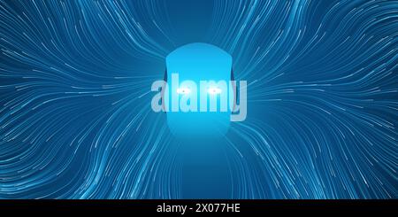 Blue Futuristic Machine Learning, Artificial Intelligence, Cloud Computing and Networks Design Concept with Robot Head and Curvy Mesh, Lines of Neural Stock Vector