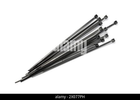 Sturdy, self-locking black nylon ties, isolated on white background Stock Photo