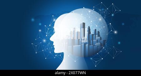 Blue 3D Smart City Machine Learning, Artificial Intelligence and Neural Networking Design Concept with Human or Robot Head Silhouette, Polygonal Netwo Stock Vector
