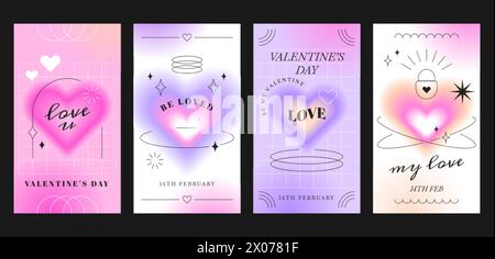 Vector set of happy valentine's day greeting cards. Love covers with romantic blurred gradient aura hearts. Trendy minimalist aesthetic typography posters or invitation banners in trendy y2k style. Stock Vector