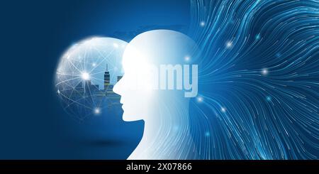 Blue 3D Machine Learning, Artificial Intelligence and Neural Networking Design Concept with Human or Robot Head Silhouette, Network Mesh, Wavy Lines o Stock Vector