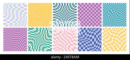 Set of psychedelic checkerboards with distorted grid tile. Groovy checkered seamless patterns in trendy y2k style. Funky hippie gingham wallpaper. Retro chessboard with surreal wavy geometric shapes. Stock Vector