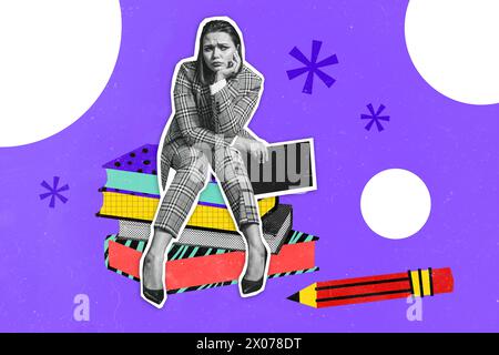 Sketch artwork trend composite image 3d collage photo of black white silhouette exhausted student lady sits on books stack brainstorm knowledge Stock Photo