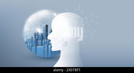 3D Machine Learning, Artificial Intelligence and Neural Networking Design Concept with Human or Robot Head Silhouette, City in a Globe, Global Neural Stock Vector
