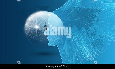 Blue 3D Machine Learning, Artificial Intelligence and Neural Networking Design Concept with Human or Robot Head Silhouette, Network Mesh, Wavy Lines o Stock Vector