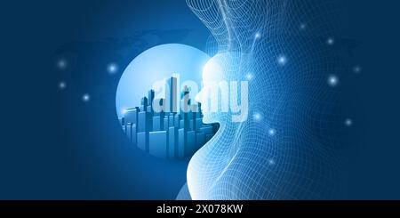 Blue 3D Machine Learning, Artificial Intelligence and Neural Networking Design Concept with Human or Robot Head Silhouette, Network Mesh, Wavy Lines o Stock Vector