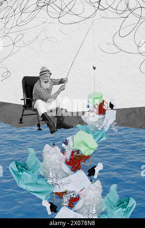 Vertical photo collage of grandfather fisherman catching microplastics in ocean reduce global pollution isolated on grey background Stock Photo