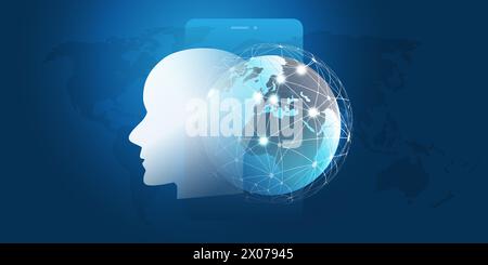 Futuristic Blue Machine Learning, Artificial Intelligence, Cloud Computing, Automated Support Assistance and Networks Design Concept - 3D Robot or Hum Stock Vector