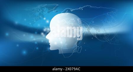 AI Assistant, Chat Bot, Machine Learning, Artificial Intelligence and Networks Design Concept - Futuristic Gradient Background with Lights, Robot Head Stock Vector