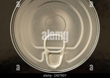 Flat lay close up of tin can with ring pull mechanism. Stock Photo