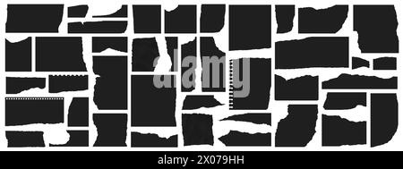 Rip stripe, tear black torn paper ragged shred of damaged page, note pieces. Set of vector ripped and cutout textured pages, isolated collage silhouettes, frames, borders, scrap, old, damage fragments Stock Vector