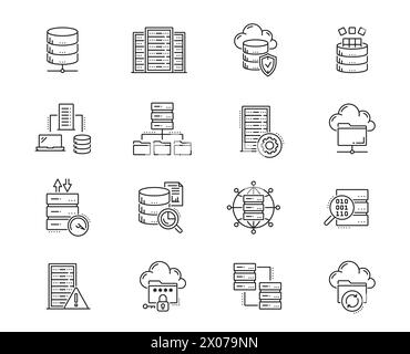 Database, network server and cloud storage icons. File storage center, hosting platform technology or web datacenter system line vector signs. Data backup online server linear pictograms or icons Stock Vector