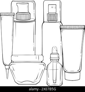 Composition of different bottles for cosmetics line art Stock Vector