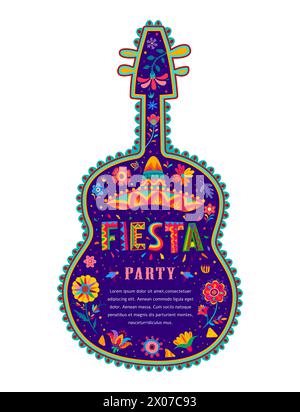 Mexican holiday party flyer with guitar frame border. Vector Mexico ...