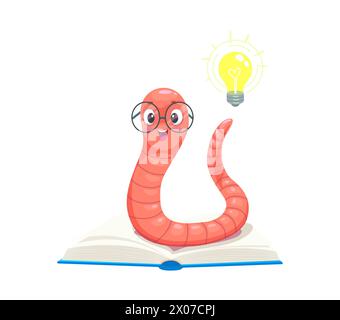 Cartoon cute bookworm character with idea light bulb on book, vector smart creative worm in glasses. Bookworm in eyeglasses with creative idea face and lamp lightbulb, education or school study emoji Stock Vector