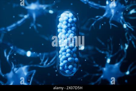 Medical capsule and biology nerve cell background, 3d rendering. 3D ...