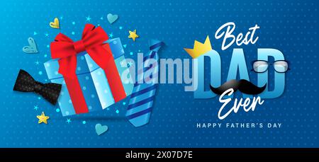 Best Dad Ever, Happy Fathers Day concept with gift box. I love you DAD promotion poster with hearts on blue background. Vector illustration Stock Vector
