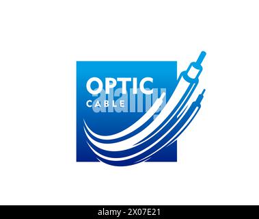 Fiber optic cable icon for telecommunication technology, digital TV or internet provider, vector emblem. Optical fiber cable wires on blue square sign for television technology and TV broadcasting Stock Vector