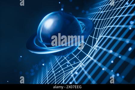 Planet in the digital space with glowing lines, 3d rendering. 3D illustration. Stock Photo