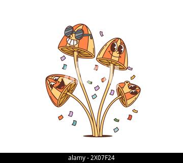 Cartoon retro mushroom groovy character as hippie of 70s, vector funky art. Happy groovy mushrooms toadstool in sunglasses with smiling faces, 70s hippie or hipster silly cartoon characters Stock Vector