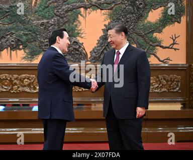 Beijing, China. 10th Apr, 2024. Xi Jinping, general secretary of the Communist Party of China Central Committee, meets with Ma Ying-jeou in Beijing, capital of China, April 10, 2024. Credit: Xie Huanchi/Xinhua/Alamy Live News Stock Photo