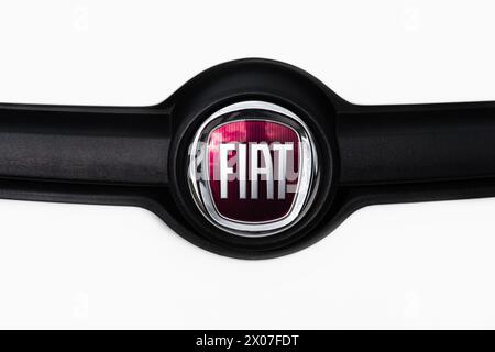 FIAT logo of Italian car manufacturer. Fiat brand badge on front of motor car. Fiat logo on a car close-up. Nobody, selective focus-Corfu Greece-Janua Stock Photo