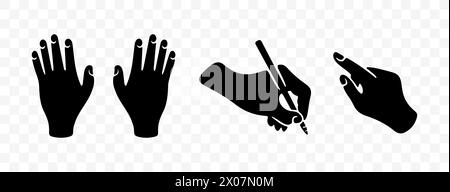 Hands, writes with pen and points with index finger, graphic design. Arm and wrist, people, body parts, vector design and illustration Stock Vector