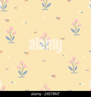 Colorful simple summer meadow seamless pattern. Leaves and flowers on beige background. Floral spring vector illustration. Vector endless texture for Stock Vector