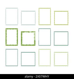 Minimalistic geometric floral empty frames collection. Square shapes with leaves. Elegant herbs vector botanical outline borders set Stock Vector