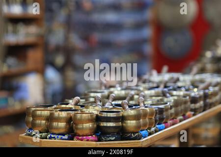 singing bowls for tourist in souvenir shop. Tourism is the main economic sources in Nepal. Stock Photo