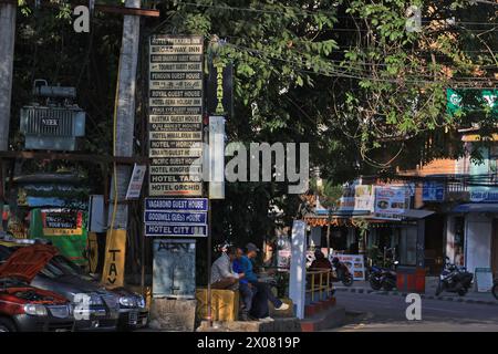 Pokhara, Nepal - November 20 2023: the road signs of guest house in lakeside, pokhara. Tourism is the main economic sources in Nepal. Stock Photo