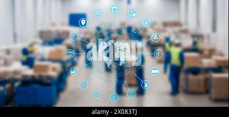 Distribution center concept and international communication network. globe and logistics icon Stock Photo