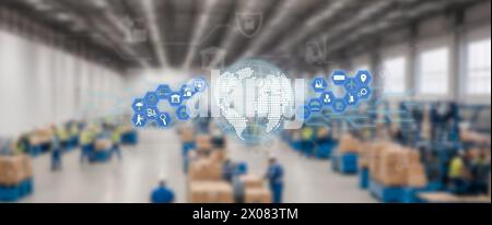 Distribution center concept and international communication network. blue icons and global logistics Stock Photo