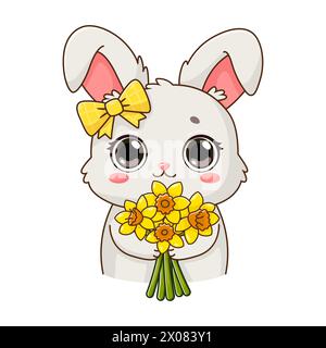 Sticker with cute rabbit holding bouquet of narcissus. Smiling adorable character in cartoon style. Summer, spring flowers. Vector illustration isolat Stock Vector