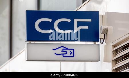 Sign and logo of a branch of the Crédit commercial de France (CCF) banking group, a bank which previously operated in France under the HSBC brand Stock Photo