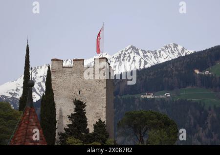 Meran, Südtirol, Italien 07. April 2024: Ein Frühlingstag in Meran, Merano, Kurstadt. Hier der Blick auf den Pulverturm, Ortenstein, im Hintergrund die Gipfel des Hirzer und der Hönigspitzen , Tourismus, wandern, spazieren *** Merano, South Tyrol, Italy 07 April 2024 A spring day in Merano, Merano, spa town Here the view of the Powder Tower, Ortenstein, in the background the peaks of the Hirzer and the Hönigspitzen , tourism, hiking, walking Stock Photo