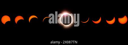 Composite photographs showing the phases during the total solar eclipse on April 8, 2024 in Highgate Springs, Vermont. Stock Photo