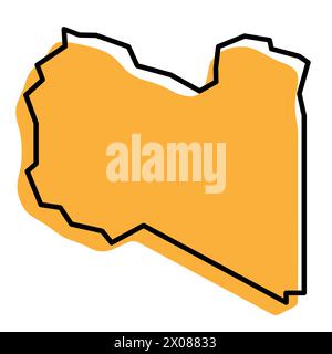 Libya country simplified map. Orange silhouette with thick black sharp contour outline isolated on white background. Simple vector icon Stock Vector