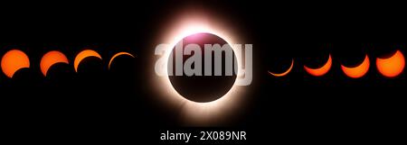 Composite photographs showing the phases during the total solar eclipse on April 8, 2024 in Highgate Springs, Vermont. Stock Photo