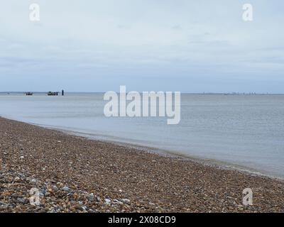 Sheerness, Kent, UK. 10th Apr, 2024. The NeuConnect Interconnector project aims to link Germany and the UK with a power cable, connecting two of Europe’s largest energy markets for the first time. Jack-up barge Server 2 was seen offshore of the Isle of Grain and Sheerness undertaking UXO (unexploded ordnance) investigation works today. Credit: James Bell/Alamy Live News Stock Photo