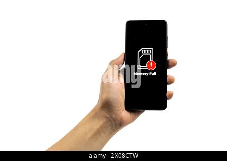 Cellular Problems Concepts. Man hand holding smart phone with full storage icon on screen isolated on white background. All screen graphics are made u Stock Photo