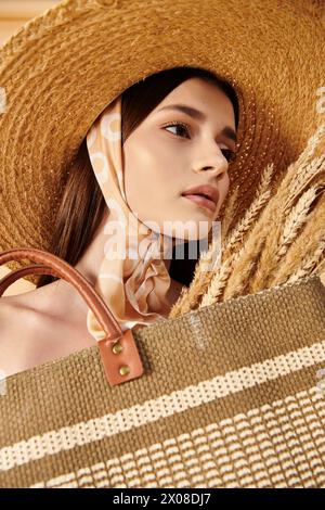 A young woman with long brunette hair stands gracefully in a summer outfit, wearing a straw hat and carrying a brown bag. Stock Photo